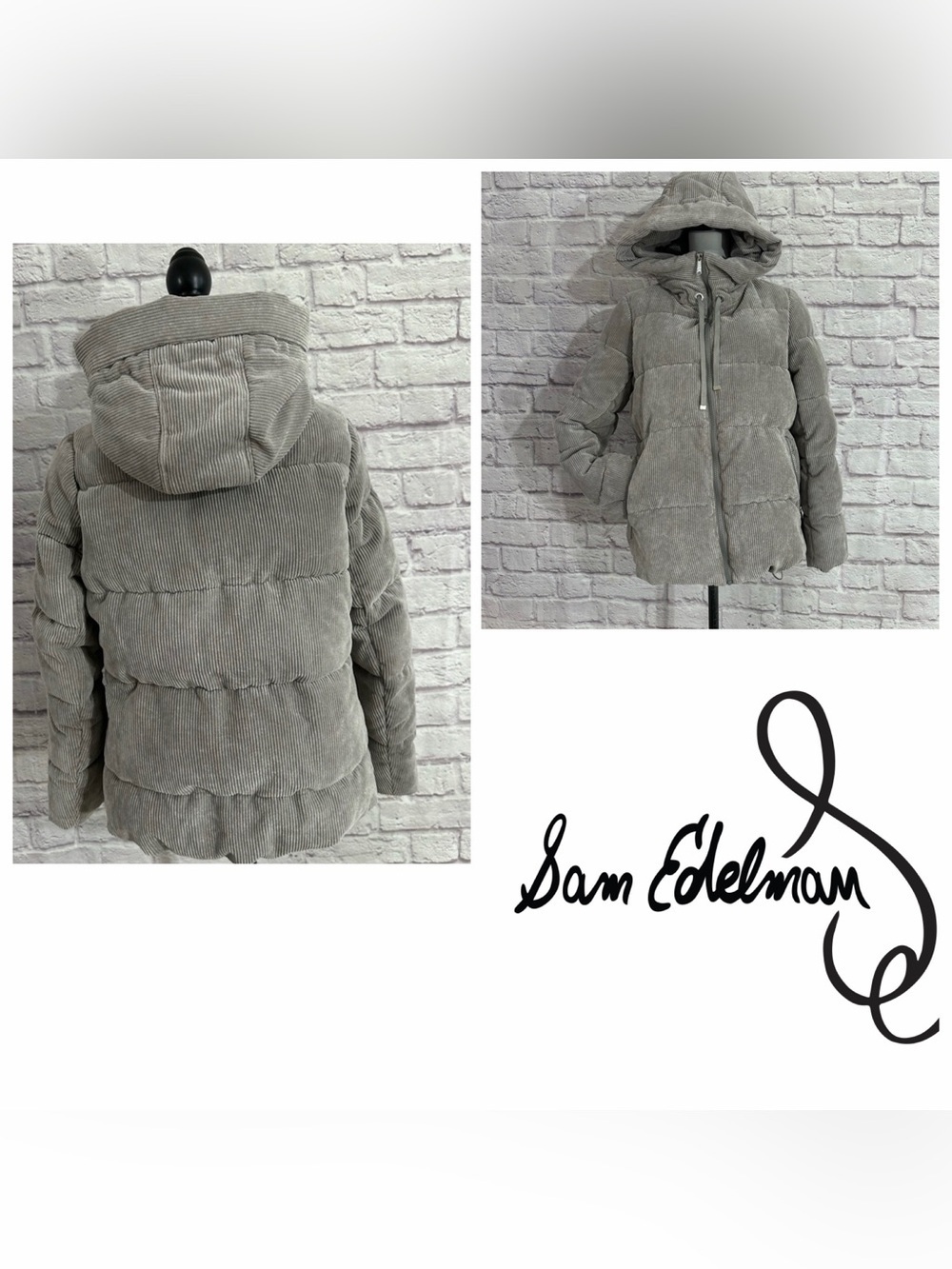 Sam Edelman hooded corduroy puffer jacket in grey.